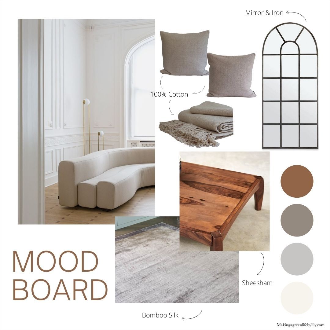 sustainable living room mood board details