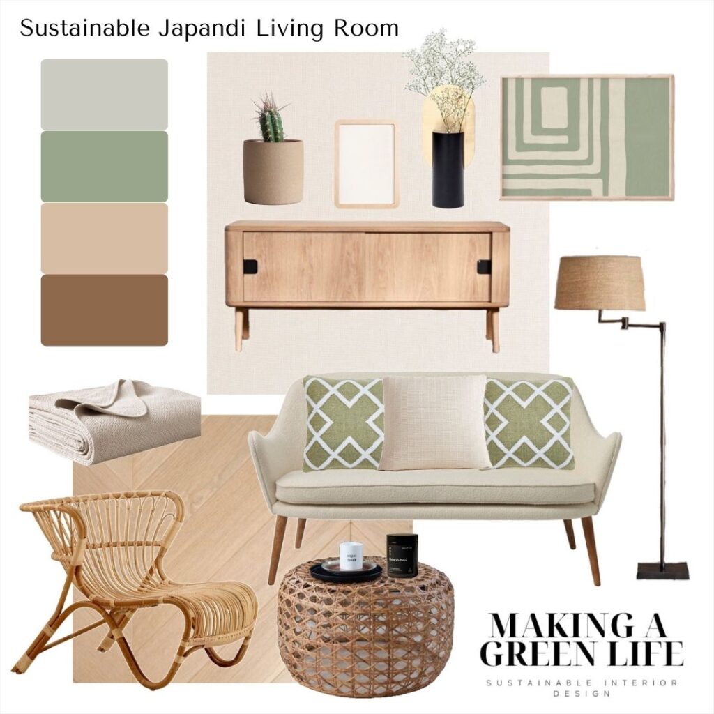 sustainable Japandi living room mood board