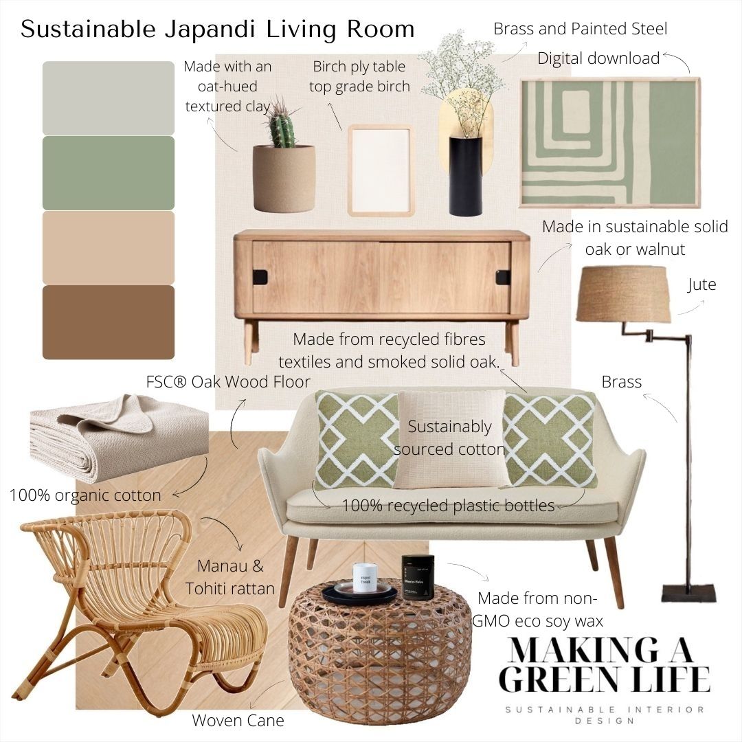 sustainable Japandi living room mood board details