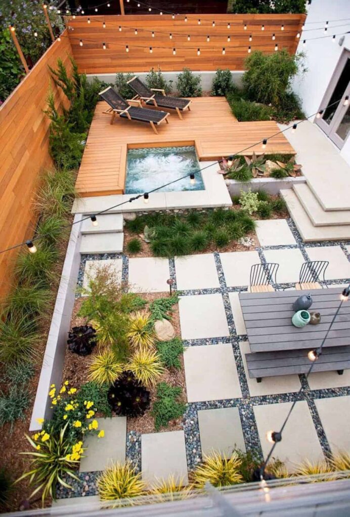 sustainable backyard with jacuzzi design ideas