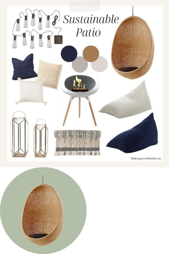 sustainable patio mood board hanging egg chair