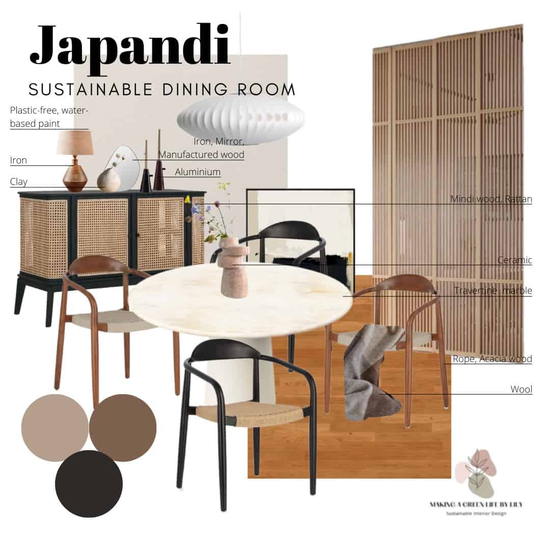 Japandi Sustainable Dining Room mood board details