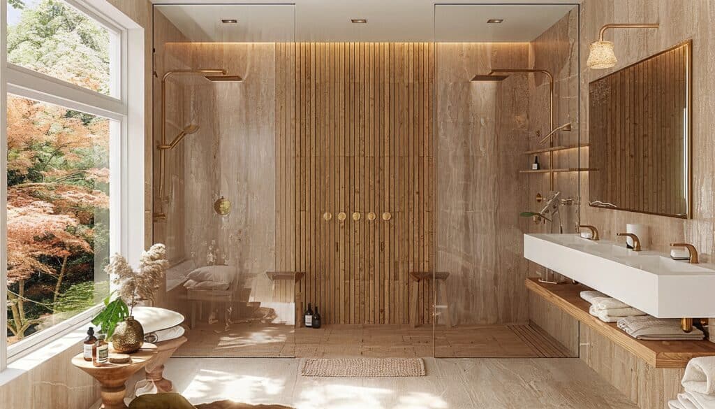 1 Japandi Bathroom with a Focal Shower Wood slat Wall