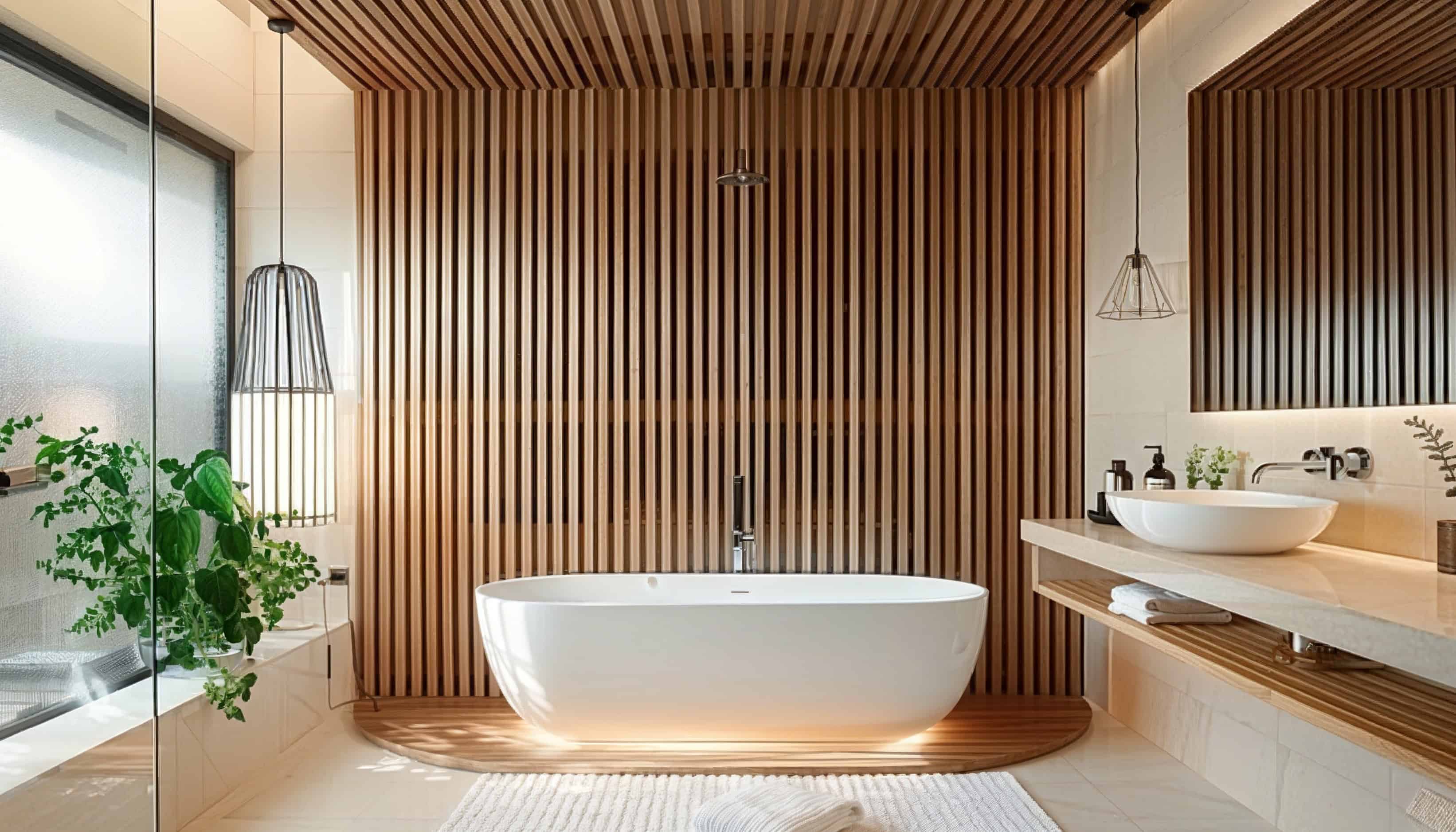 10 japandi bathroom with wood slat panelling flooring to ceiling