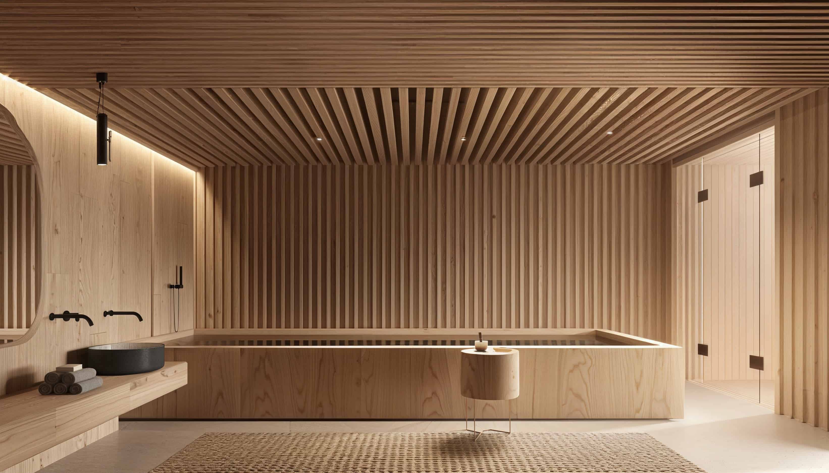 3 Japandi style bathroom with wood slats behind the vanity