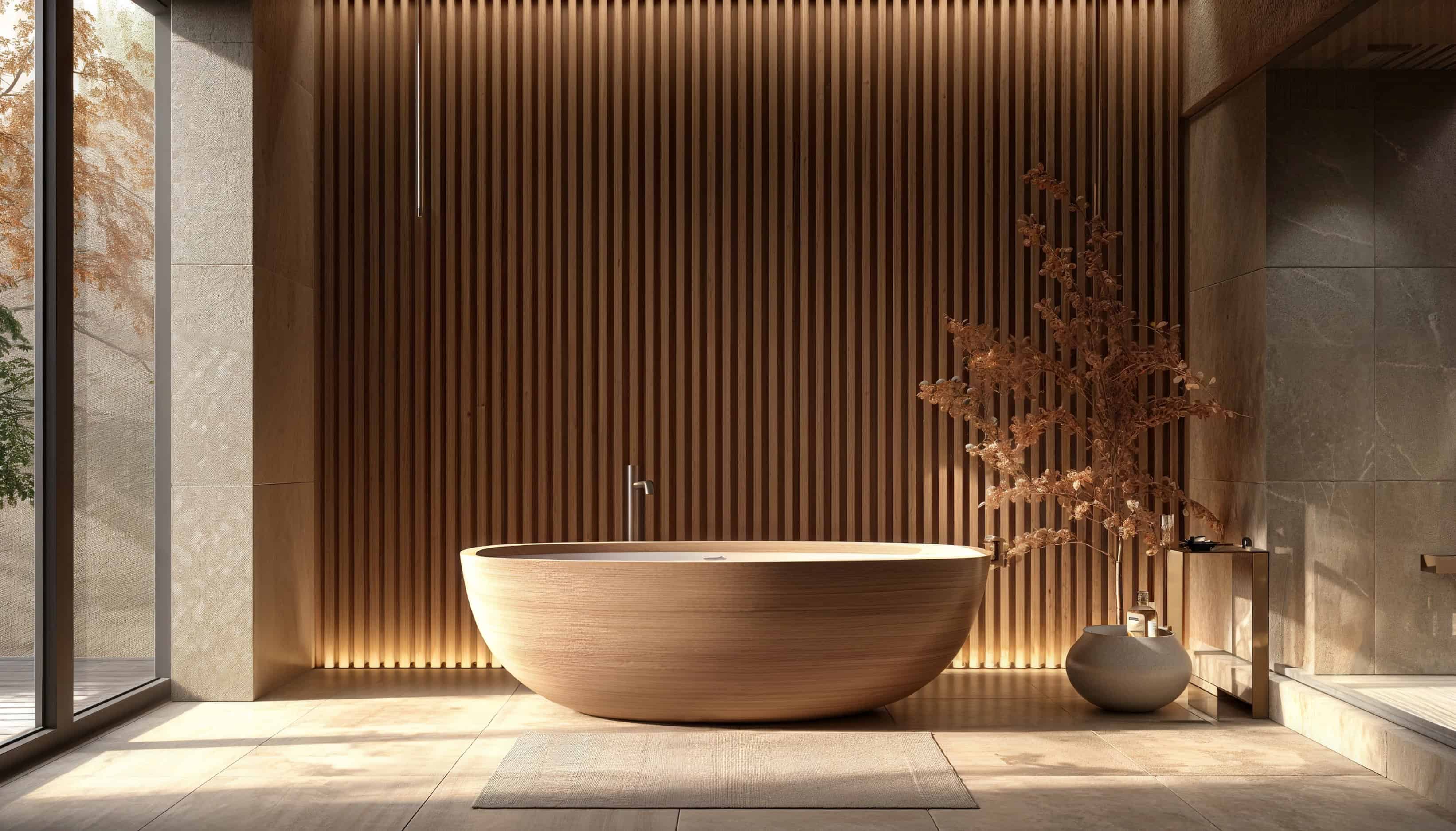 4 A freestanding bathtub framed with wood slats in Japandi bathroom