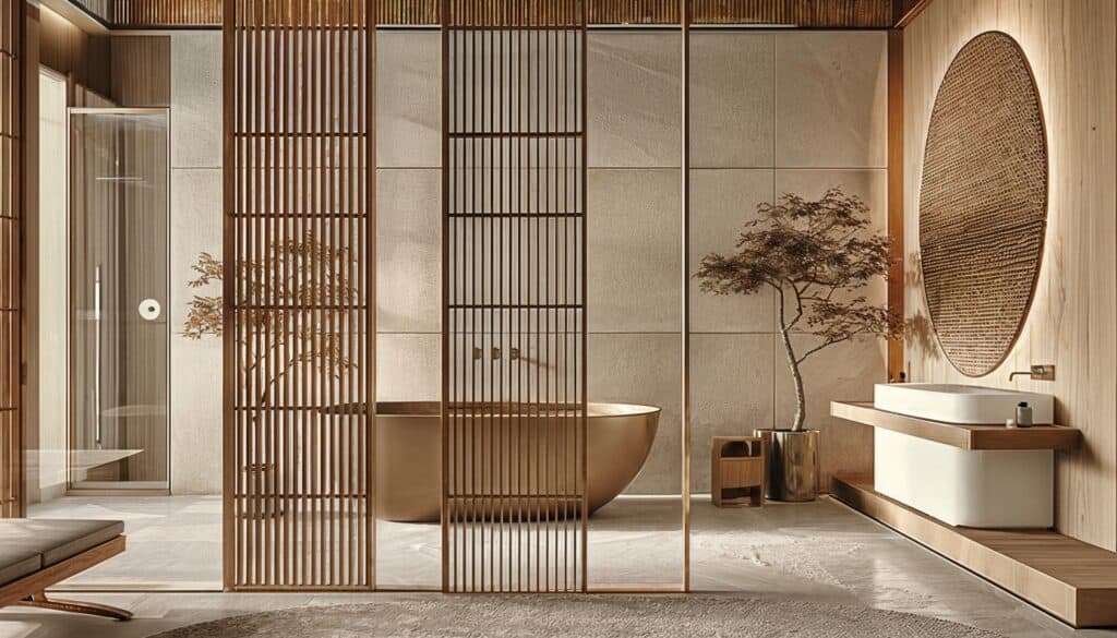 5 Japandi bathroom with wood slat partition