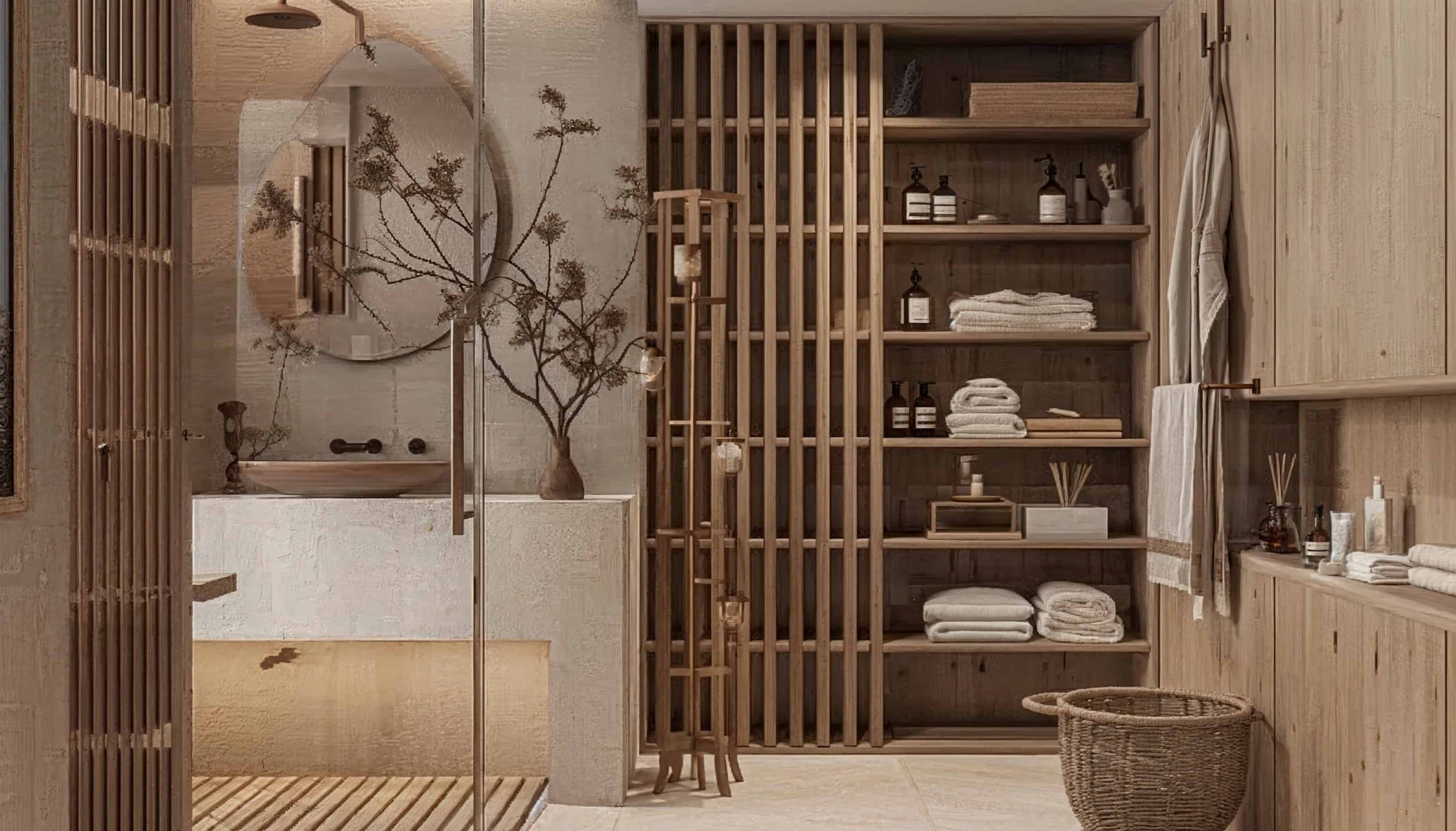 6 Japandi style bathroom with wood slat panelling built-in Shelving Units