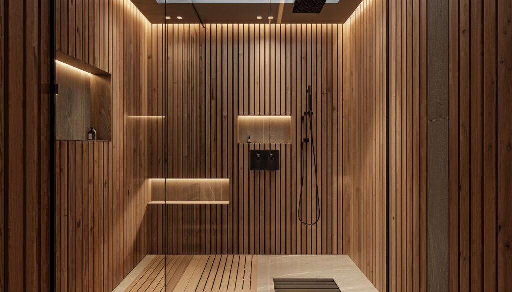 8 Japandi bathroom in lighting with wood slat panelling