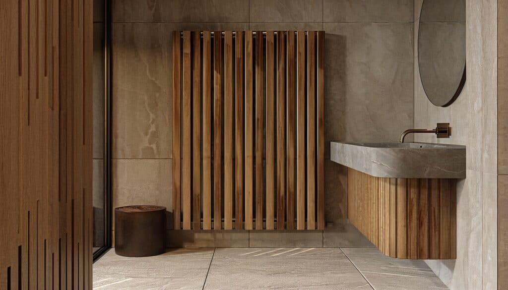 9 Japandi style bathroom with wood slat Radiator Covers 