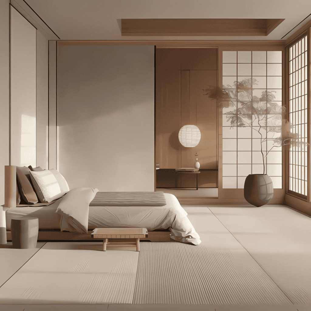 japandi bedrom with Tatami carpet