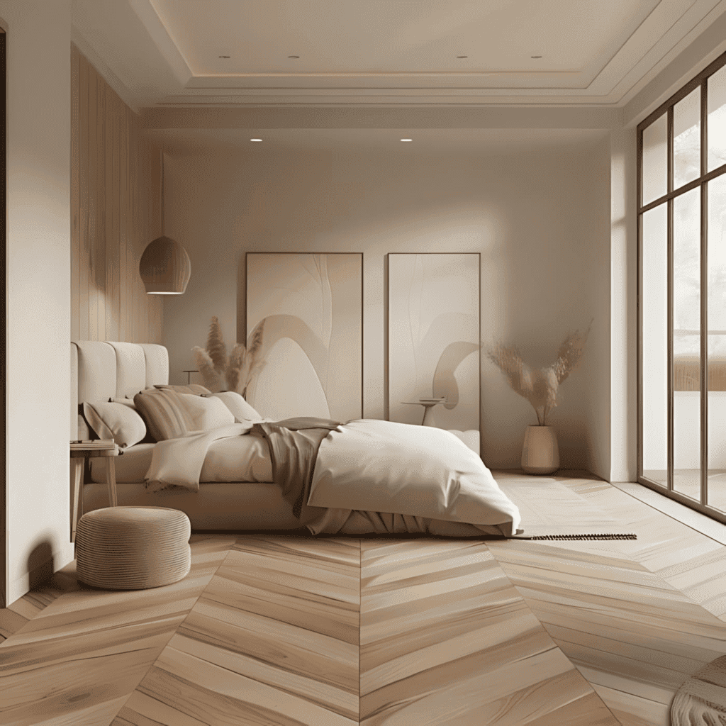 japandi bedroom with Chevron Patterns flooring