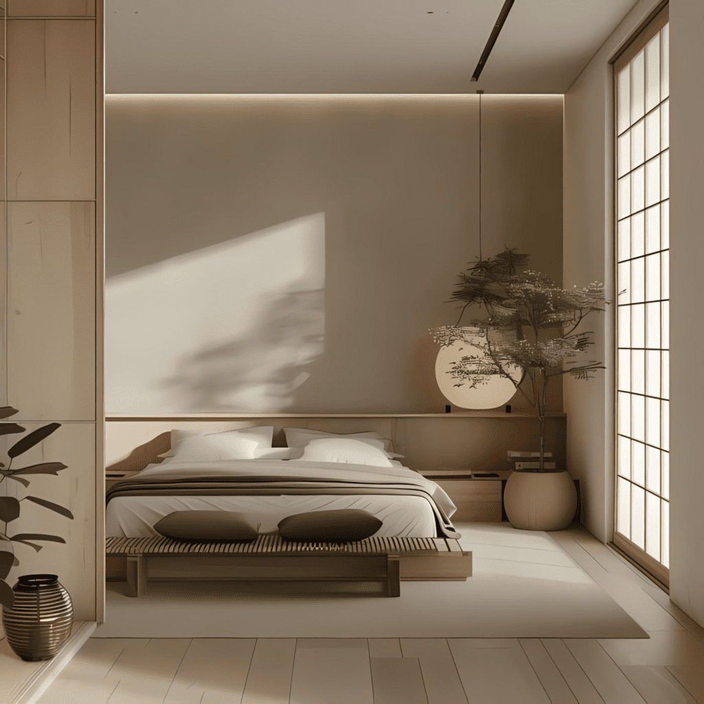 japandi bedroom with whitewashed oak
