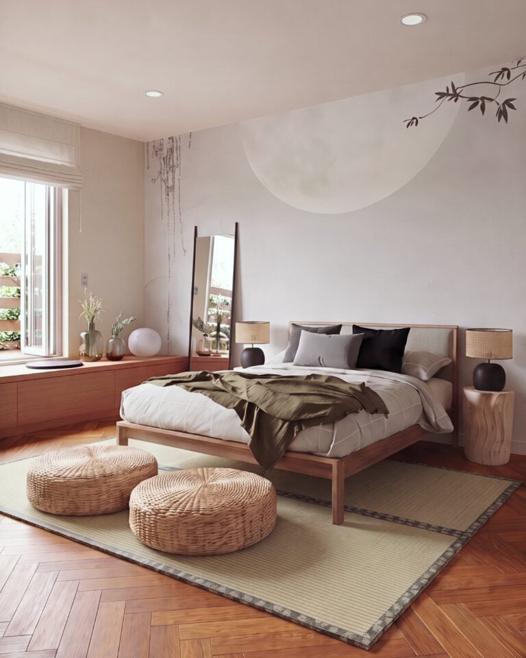 Designed as a calm retreat for a private residence in Vancouver, this bedroom embraces the principles of Japandi living through simplicity, warmth, and a close connection to nature. Soft daylight fills the room throughout the day, while a restrained palette allows natural materials and craftsmanship to become the defining features of the space. Every element has been selected to encourage rest, balance, and a slower pace of living. Bedroom, Private Client, Vancouver, Canada